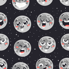 Hand Drawn Seamless Pattern with  Childish Illustration Moon Cosmos. Vector Drawing Satellite in Space. Cartoon Solar System object
