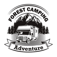 Forest camping label design. Monochrome element with camper vehicle, mountain landscape and text on ribbon. Transport or adventure travel concept for stamps and emblems templates