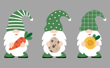 Obraz premium Cute Easter gnomes hold different things in their hands: carrot, quail egg, spring yellow dandelion flower. Holiday set. Baby dwarf Easter decor. Isolated on dark background.