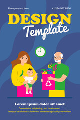 Grandpa giving bag of fruit to new mom and baby. Healthy food, organic product flat vector illustration. Family, parents, parenthood concept for banner, website design or landing web page