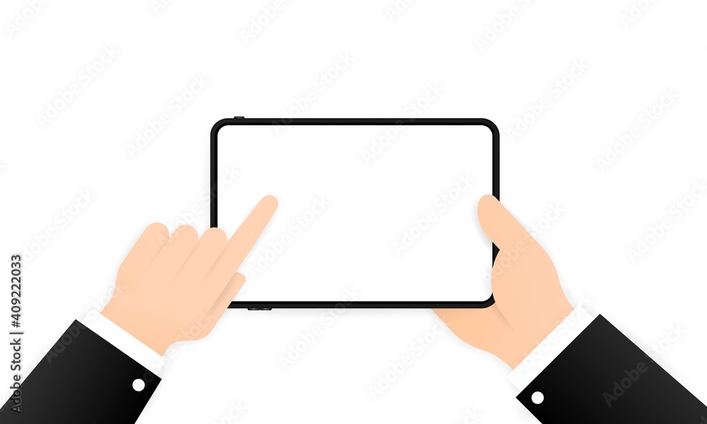 Aufkleber hands holding tablet computer with blank screen. flat design concept on isolated background. eps 10 
