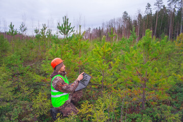 Forest ecologist works in the forest with a computer. Digital technologies in forestry. Computer...