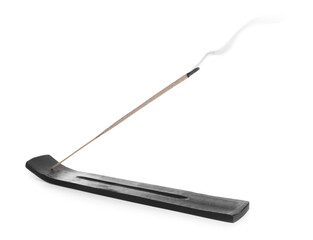 Incense stick smoldering in holder on white background
