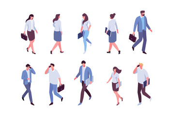 Isomeric business people vector set. Walking people. Flat vector characters isolated on white background.	