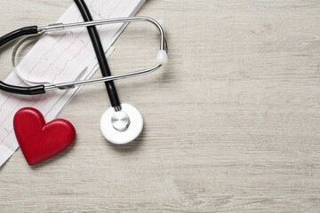 Cardiogram report, red heart and stethoscope on wooden table, flat lay. Space for text