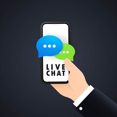 Live chat banner. Hand holding phone in hand with message icon. Communication. Conversation sign. Vector on isolated white background. EPS 10
