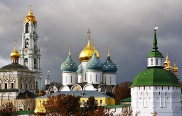 Fototapeta na wymiar Trinity Sergius Lavra. Sergiyev Posad, Russia. Popular landmark. UNESCO World Heritage Site. Color winter photo 
