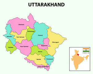 Uttarakhand Map. Showing State boundary and district boundary of Uttarakhand map.
