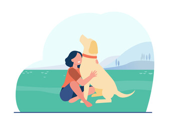 Obraz na płótnie Canvas Happy girl hugging her dog and smiling. Friend, pet, nature flat vector illustration. Domestic animals and friendship concept for banner, website design or landing web page