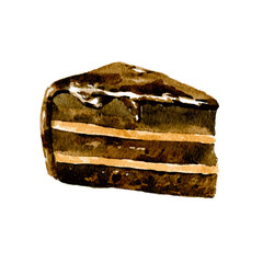 Chocolate brown cake. Hand drawn watercolor illustration isolated on white background. Vector