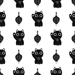 Seamless pattern Asian, Japan  culture. Kokeshi, maneki Neko, lantern, crane