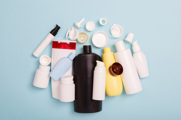 separate collection of sorted HDPE bottles from cosmetics for recycling. High-Density Polyethylene...