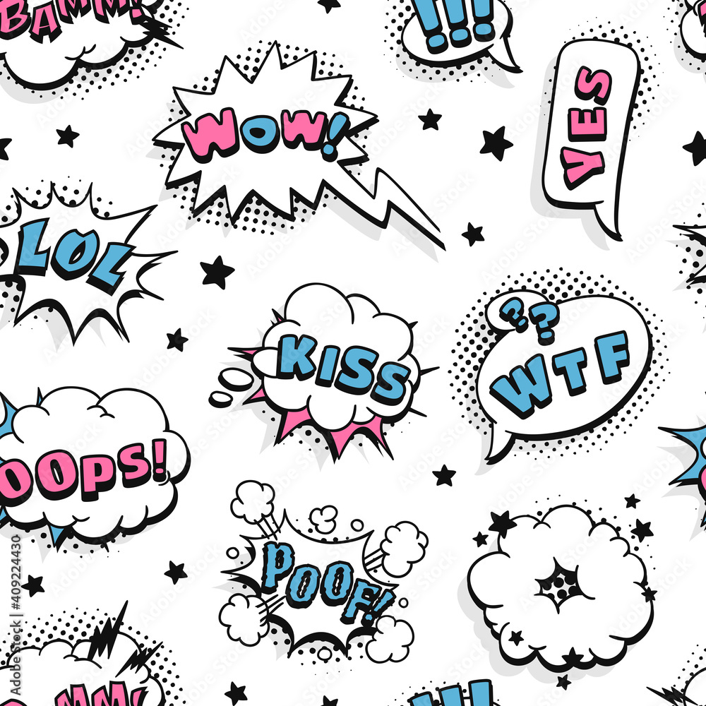 Poster seamless pattern with pop art speech bubble and text. cartoon style vector collection of frames and 