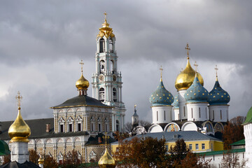 Fototapeta na wymiar Trinity Sergius Lavra. Sergiyev Posad, Russia. Popular landmark. UNESCO World Heritage Site. Color winter photo 