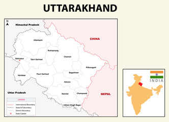 Uttarakhand Map. Political and administrative map of Uttarakhand with the district name.
