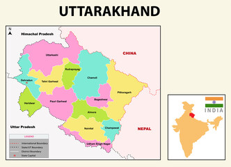 Uttarakhand map. Highlight Uttarakhand map on India map with a boundary line. Uttarakhand political map.