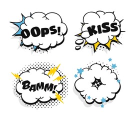 Pop art speech bubble drawing with text. Cartoon style vector collection of frames. Comic illustration on color background
