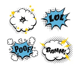 Pop art speech bubble drawing with text. Cartoon style vector collection of frames. Comic illustration on color background