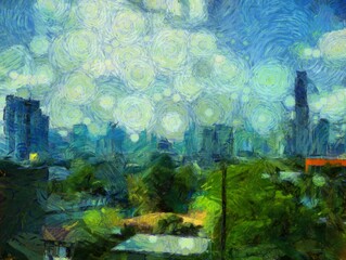Obraz na płótnie Canvas Bangkok city landscape Illustrations creates an impressionist style of painting.