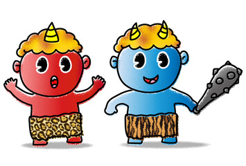 節分　赤鬼青鬼　金棒とガオポーズ