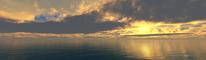 Beautiful sunset in the ocean, sea sunset, sunrise over the water, sun in clouds over the sea, 3D rendering