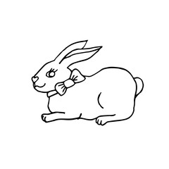 Vector doodle Easter bunny with a bow around its neck sits sideways.