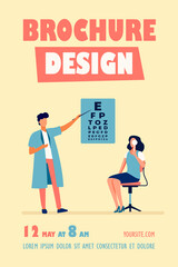 Woman examining eyes with help of ophthalmologist. Oculist, letter, hospital flat vector illustration. Medicine and healthcare concept for banner, website design or landing web page