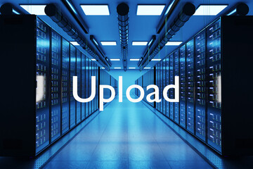 upload logo in large modern data center with multiple rows of network internet server racks, 3D Illustration