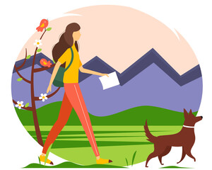 Traveler with the dog walking along the mountains and forests. The concept of active holiday in nature. Vector spring illustration in a flat style.