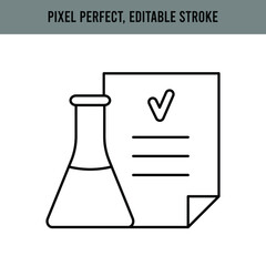 Beaker, flask object. Chemical laboratory research. Proven medicine, vaccine development. Approved treatment. Medical research. Editable Stroke. Vector illustration