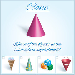 Cone. Volumetric geometrical figure with examples of such objects form