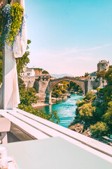 Mostar Bridge in  Bosnia and Herzegovina on sunny summer day