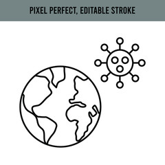 Global pandemic, epidemic. The globe is sick, the earth is lit by a virus. Danger of disease. Information icon. Editable Stroke. Vector illustration.
