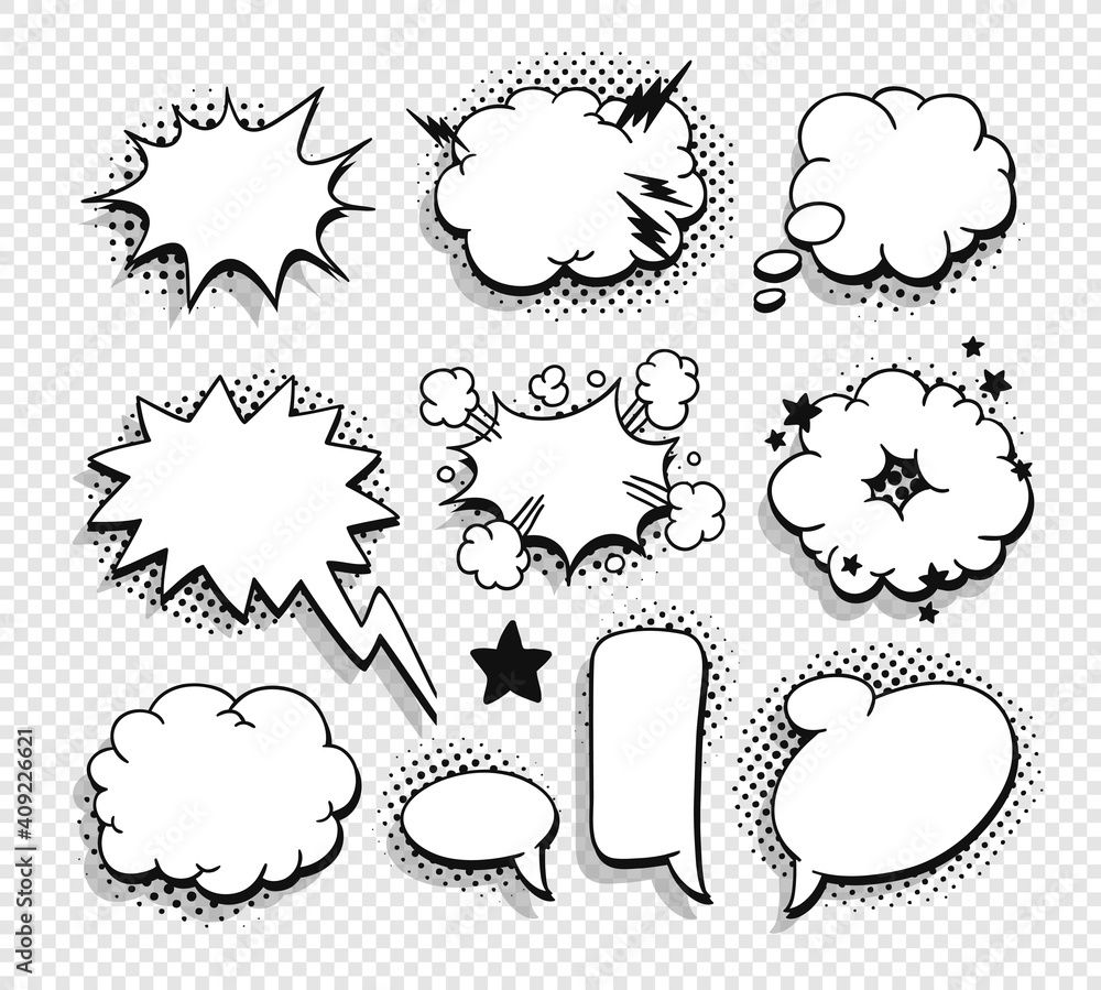 Poster pop art speech bubble without text and transparent background. cartoon style vector collection of fr