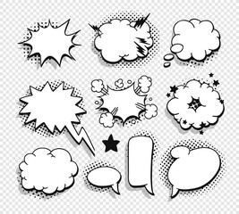 Pop art speech bubble without text and Transparent Background. Cartoon style vector collection of frames. Comic illustration