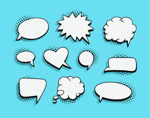 Pop art speech bubble without text and Transparent Background. Cartoon style vector collection of frames. Comic illustration