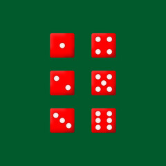 Game dice, red cartoon icon set on green background, vector illustration.