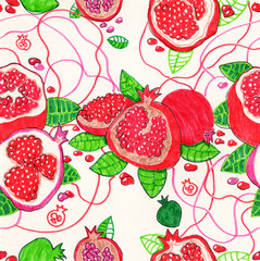 Seamless pattern with pomegranate fruits and leaves