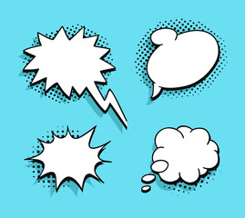 Pop art heart speech bubble without text. Cartoon style vector collection of frames. Comic illustration on blue background