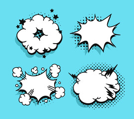 Pop art heart speech bubble without text. Cartoon style vector collection of frames. Comic illustration on blue background