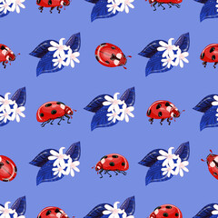 Children s texture. Seamless pattern with lemon flowers and leaves. Ladybugs on a blue background. Vector fabric design.