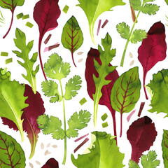 Isolated seamless watercolor pattern with different herbs and salads on white background