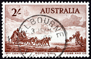 Postage stamp Australia 1955 Cobb and Company mail coach