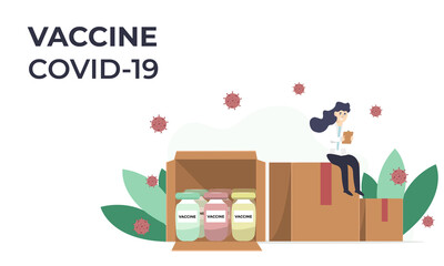 Woman scientist analyze for distribution vaccine of covid 19 in flat illustration style