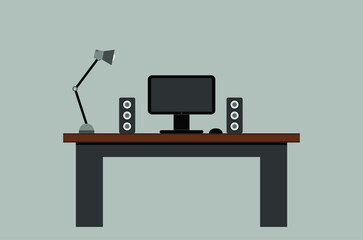 flat illustration of cabinet. vector desktop with computer and speakers. table lamp on the table near the computer