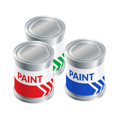 Isometric vector illustration red, green and blue paint buckets isolated on white background. Realistic RGB colors paint cans icon in flat cartoon style. Tin buckets with paint for renovation.