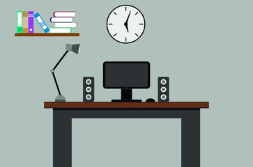 flat illustration of cabinet. vector desktop with computer and speakers. clock on the wall. cabinet with table and shelves for books.