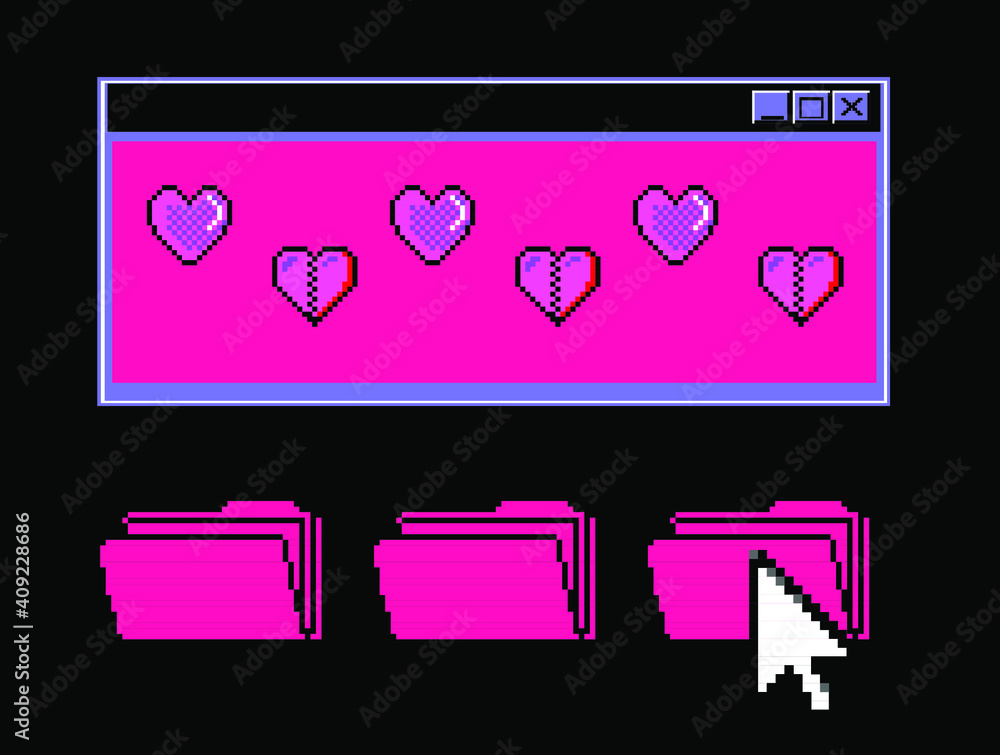 Poster 8-bit art message with pixel hearts. Vaporwave trendy retro user interface like in old operating systems.