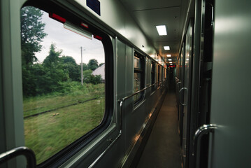 Interior of a corridor of a compartment train. Railway travel concept.
