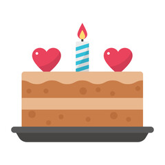 Wedding Day Cake with Candle Stock, Sweet Desserts Cream Cake Decorated with Pair of Heart Concept, Valentines Day Cake decorated with Heart Shape Vector Color Icon Design, Love and Romance Symbol